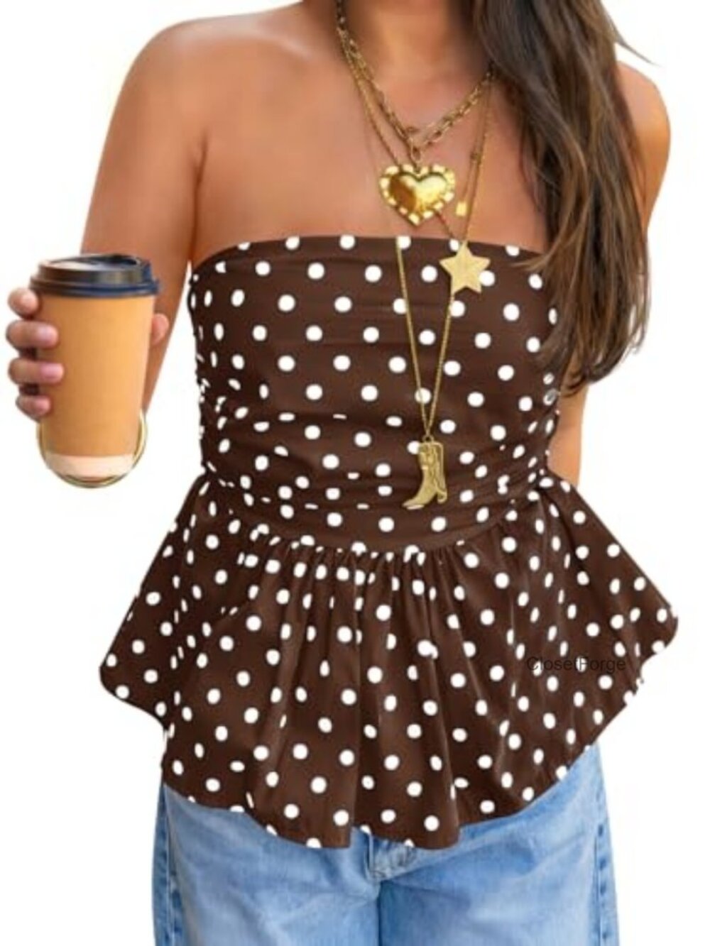 Strapless Polka Dot Tube Top Ruffle Hem Backless Y2K Womens Top